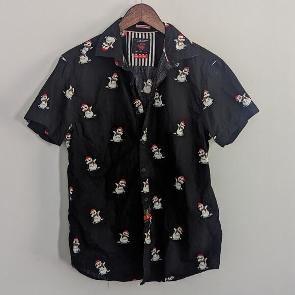Men's Denim & Flower Let it Snow Snowman Dabbing Black Button Down Small - Picture 1 of 6
